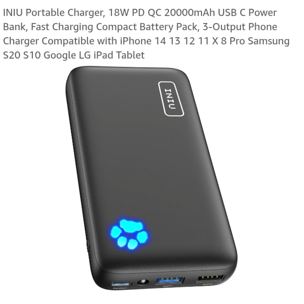 INIU Black Portable Charger 20000mAh